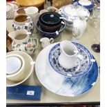 A LARGE 'BOOTHS' CIRCULAR BLUE AND WHITE TUREEN AND COVER WITH LADLE, A QUANTITY OF POTTERY JUGS AND