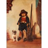 B.HALL (TWENTIETH CENTURY) OIL PAINTING ON BOARD Young boy leaning against a wall with dog and broom