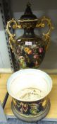 ENGLISH PORCELAIN ORIENTAL INSPIRED DECORATIVE BALUSTER JAR AND COVER HAVING BLACK GROUND, GILT