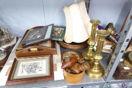 SUNDRY ITEMS TO INCLUDE; TWO TABLE LAMPS, CANDLESTICKS, LIGHT FITTINGS, GAMES ETC.....