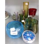 WHITEFRIARS GLASS CYLINDRICAL VASE AND A BLUE GLASS SQUAT CIRCUALR BOWL AND MISC GLASS ITEMS