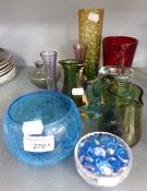 WHITEFRIARS GLASS CYLINDRICAL VASE AND A BLUE GLASS SQUAT CIRCUALR BOWL AND MISC GLASS ITEMS