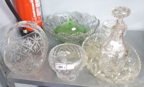 A LARGE FLORAL ENGRAVED GLASS OVULAR VASE, A LARGE MOULDED GLASS BOWL AND A CUT GLASS BASKET PATTERN