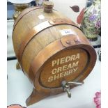 'PIEDRA CREAM SHERRY' OAK ADVERTISING SHERRY DISPENSER WITH COPPER BANDING, ON STAND