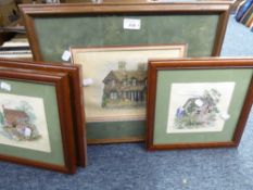 FOUR FRAMED NEEDLEWORK TAPESTRY PICTURES OF COTTAGES