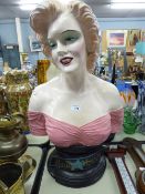 MODERN LARGE PLASTER 'MARILYN MONROE' ADVERTISING BUST, HAVING PINK OFF THE SHOULDER DRESS, RAISED