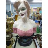 MODERN LARGE PLASTER 'MARILYN MONROE' ADVERTISING BUST, HAVING PINK OFF THE SHOULDER DRESS, RAISED