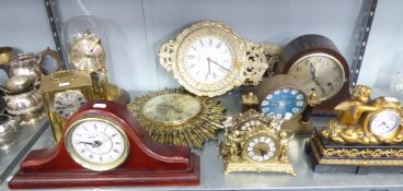 TEN CLOCKS VARIOUS TO INCLUDE; ANNIVERSARY CLOCK UNDER GLASS DOME, TWO WALL CLOCKS, OAK CASED