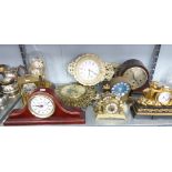 TEN CLOCKS VARIOUS TO INCLUDE; ANNIVERSARY CLOCK UNDER GLASS DOME, TWO WALL CLOCKS, OAK CASED