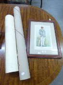 A COLOUR PRINT OF A CRICKETER E.W. DILLON 'THE CHAMPION COUNTRY' AND A LARGE BLACK AND WHITE PHOTO