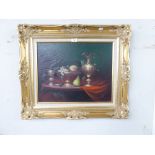 A MODERN 'PASTICHE' OIL PAINTING ON CANVAS STILL LIFE IN A GILT FRAME