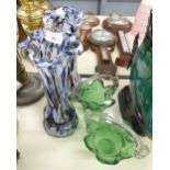 PAIR OF COLOURED GLASS VASES WITH MOTTLED DETAIL AND FLARED RIMS, AND A PAIR OF GREEN GLASS