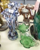 PAIR OF COLOURED GLASS VASES WITH MOTTLED DETAIL AND FLARED RIMS, AND A PAIR OF GREEN GLASS