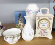 GROUP OF PORCELAIN ITEMS TO INCLUDE; WEDGWOOD GLOBE VASE 'ANGLEA' , 'APRIL FLOWERS' BUD VASE, CLOCK,