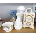 GROUP OF PORCELAIN ITEMS TO INCLUDE; WEDGWOOD GLOBE VASE 'ANGLEA' , 'APRIL FLOWERS' BUD VASE, CLOCK,