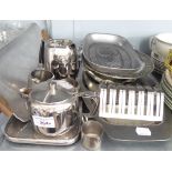 OLD HALL STAINLESS STEEL TEA SERVICE OF FOUR PIECES AND THE TRAY AND OTHER STAINLESS STEEL TRAYS