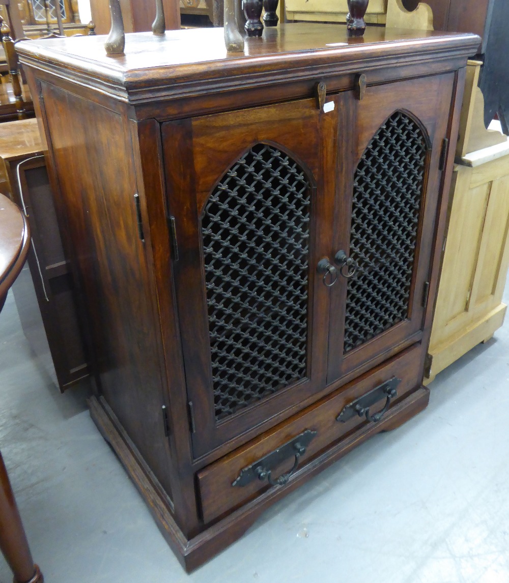 DARK WOOD TV/DRINKS CABINET, HAVING METAL PANELS ON CUPBOARD DOORS