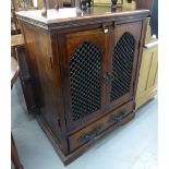 DARK WOOD TV/DRINKS CABINET, HAVING METAL PANELS ON CUPBOARD DOORS