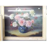 A LARGE COLOUR PRINT, STILL LIFE 'FLOWERS, AN OIL PAINTING, ROUGH SEASCAPE, AN ORIENTAL CORK PICTURE