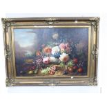 MODERN PASTICHE OIL PAINTING ON CANVAS STILL LIFE- FRUIT AND FLOWERS ON A RIVER BANK Indistinctly