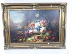 MODERN PASTICHE OIL PAINTING ON CANVAS STILL LIFE- FRUIT AND FLOWERS ON A RIVER BANK Indistinctly