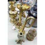 GROUP OF BRASSWARES TO INCLUDE TWO OIL LAMPS, TABLE LAMP BASE IN THE COLUMN STYLE ETC (7)