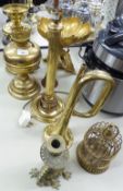 GROUP OF BRASSWARES TO INCLUDE TWO OIL LAMPS, TABLE LAMP BASE IN THE COLUMN STYLE ETC (7)