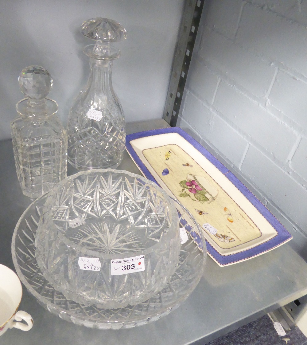 CUT GLASS-TWO DECANTERS WITH STOPPERS, FRUIT BOWL, FOOTED, SHALLOW DISH, and a WEDGWOOD 'SARAH'S