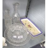 CUT GLASS-TWO DECANTERS WITH STOPPERS, FRUIT BOWL, FOOTED, SHALLOW DISH, and a WEDGWOOD 'SARAH'S