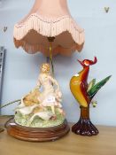 CONTINENTAL TABLE LAMP FEATURING A FIGURE GROUP OF A YOUNG LADY WITH THREE SWANS ON CIRCULAR