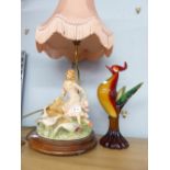 CONTINENTAL TABLE LAMP FEATURING A FIGURE GROUP OF A YOUNG LADY WITH THREE SWANS ON CIRCULAR