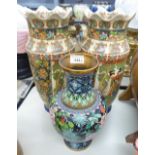 PAIR OF MODERN CHINESE VASES WITH WAVY RIMS, HEAVILY ENAMELED DECORATION THROUGHOUT AND A