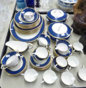 COALPORT CHINA DINNER WARES IN BLUE AND WHITE DECORATION, TO INCLUDE; TWO TUREENS, PLATTER, CUPS,