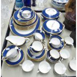 COALPORT CHINA DINNER WARES IN BLUE AND WHITE DECORATION, TO INCLUDE; TWO TUREENS, PLATTER, CUPS,
