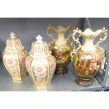 PAIR OF MODERN ITALIAN HEXAGONAL GINGER JARS AND COVERS AND A PAIR OF CAPODIMONTE STYLE VASES (4)