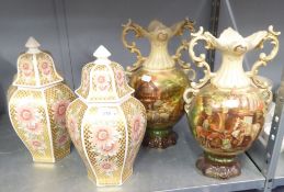 PAIR OF MODERN ITALIAN HEXAGONAL GINGER JARS AND COVERS AND A PAIR OF CAPODIMONTE STYLE VASES (4)