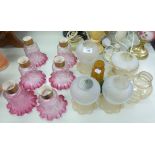 GROUP OF GLASS LIGHT SHADES TO INCLUDE SET OF SIX CRANBERRY GLASS EXAMPLES, THREE FROSTED ETC (12)