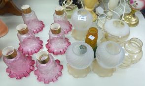 GROUP OF GLASS LIGHT SHADES TO INCLUDE SET OF SIX CRANBERRY GLASS EXAMPLES, THREE FROSTED ETC (12)