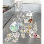 A PAIR OF CUT GLASS CANDLESTICKS; TWO FACET GLASS PAPERWEIGHTS, TEN FACET GLASS MODELS OF BIRDS,