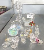 A PAIR OF CUT GLASS CANDLESTICKS; TWO FACET GLASS PAPERWEIGHTS, TEN FACET GLASS MODELS OF BIRDS,