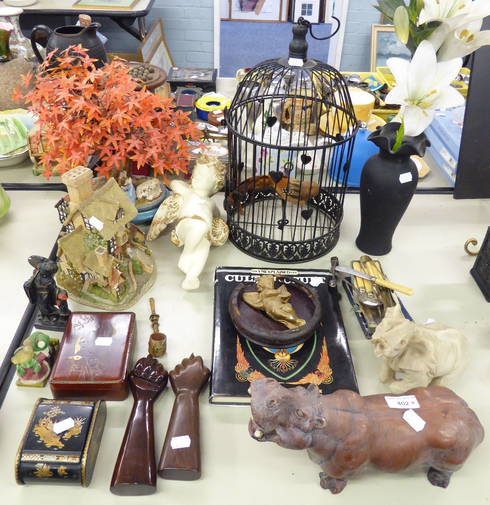 GROUP OF MODERN COLLECTABLES TO INCLUDE; HIPPOPOTAMUS AND ELEPHANT FIGURIINES, ORIENTAL STYLE WOODEN