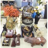 GROUP OF MODERN COLLECTABLES TO INCLUDE; HIPPOPOTAMUS AND ELEPHANT FIGURIINES, ORIENTAL STYLE WOODEN