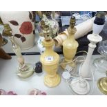 GROUP OF TABLE LAMPS TO INCLUDE; PAIR OF RECONSTITUTED MARBLE YELLOW EXAMPLES AND THREE OTHERS (5)