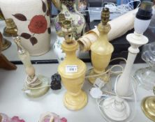 GROUP OF TABLE LAMPS TO INCLUDE; PAIR OF RECONSTITUTED MARBLE YELLOW EXAMPLES AND THREE OTHERS (5)