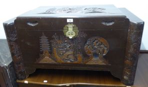 CHINESE CARVED CAMPHOR WOOD COFFER, WITH ROUNDED FORECORNERS, 3' WIDE