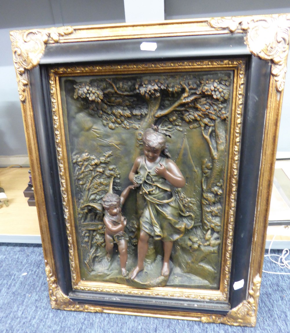 AFTER MOREAU MOULDED FRAMED WALL HANGING OF A YOUNG GIRL AND CHERUB AND AN ORNATE CLASSICAL INSPIRED