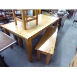 A LARGE PINE EXTENDING DINING TABLE, WITH TWO BENCH SEATS AND A SIMILAR DINING CHAIR (4)