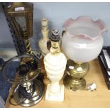 FOUR TABLE LAMPS, VARIOUS DESIGNS, VICTORIAN BRASS OIL LAMP ADAPTED TO A TABLE LAMP, BRASS LANTERN