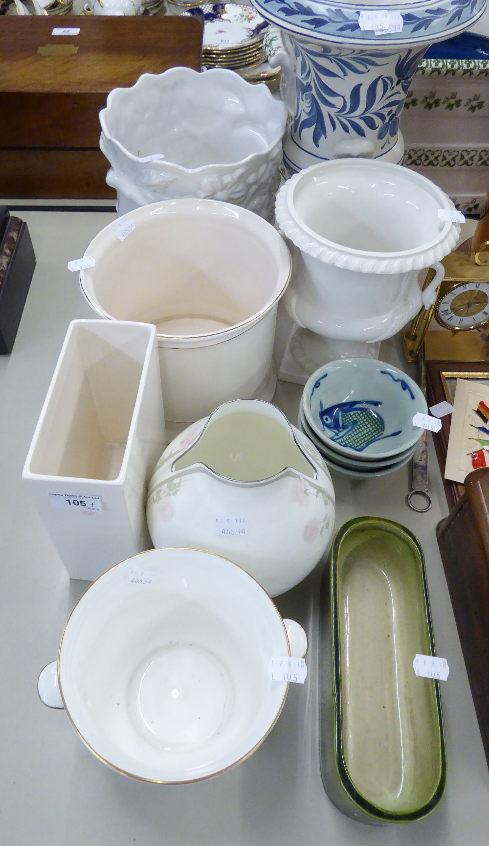 VARIOUS PLANTERS AND VASES TO INCLUDE; A ROYAL DOULTON 'TWILIGHT ROSE' VASE, TWO URNS, AND THREE