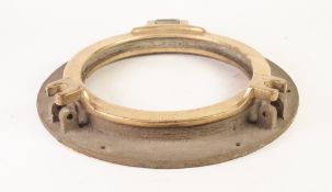 HEAVY CAST BRASS SHIPS PORTHOLE, of conventional design but lacking hinge pin, fastening pieces